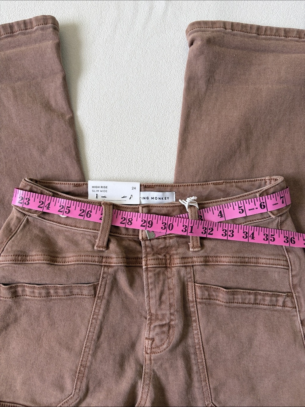 Flying Monkey Warm Taupe High Rise Tab Waistband Slim Wide Leg Jeans - Picture 11 of 11